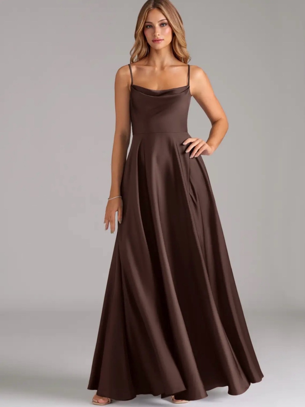 Azazie Stretch Satin Ganache A-Line Pleated Maxi Dress